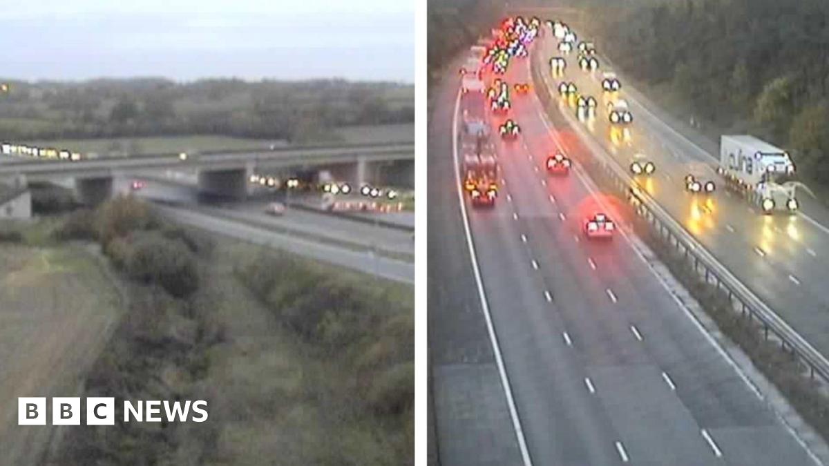 Two motorway photos side by side. The one on the right includes particularly heavy traffic on one of the carriageways at the top of the image.