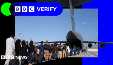 Verify logo placed over a photograph of Afghan evacuees queuing to board US military aircraft following the fall of Kabul in 2021.