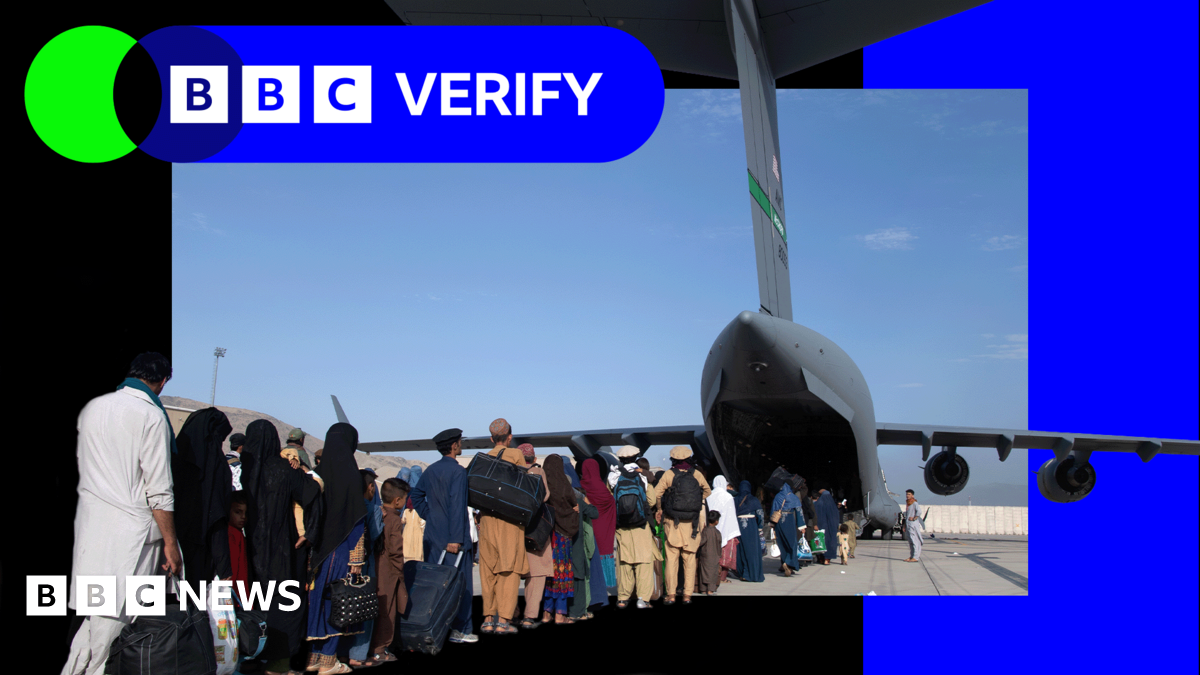 Verify logo placed over a photograph of Afghan evacuees queuing to board US military aircraft following the fall of Kabul in 2021.
