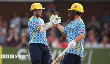 Tom Latham of Birmingham Bears celebrates his century during the Vitality Blast Men group stage match against Derbyshire Falcons