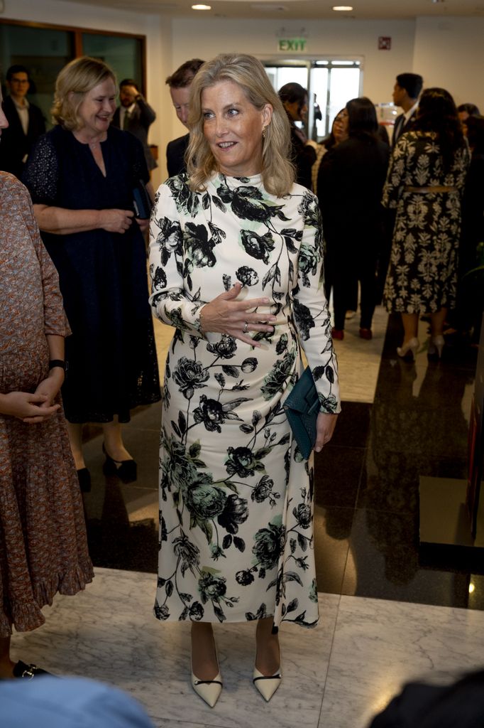 Duchess of Edinburgh at drinks reception in black and white floral dress