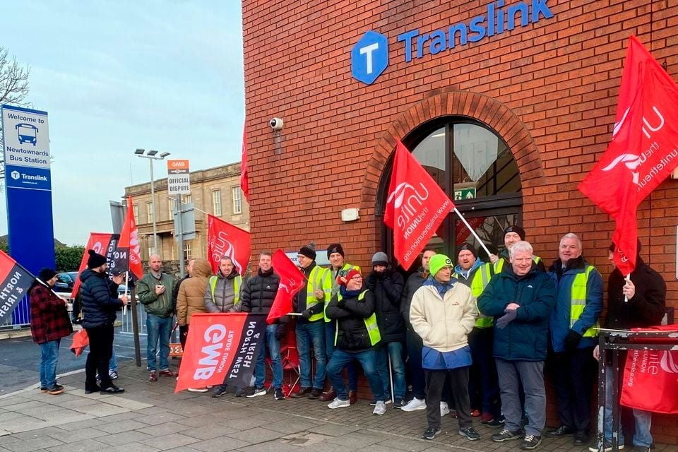 Translink workers on the picket line during a strike in 2023.