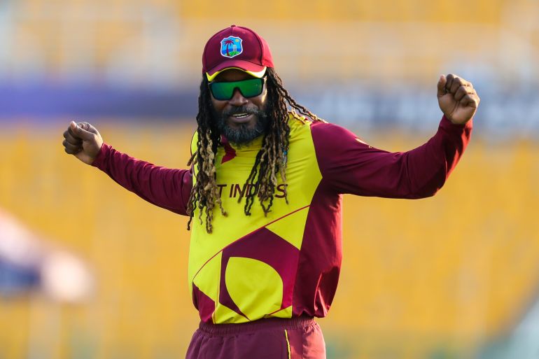West Indies' Chris Gayle gestures during the Cricket Twenty20 World Cup match between Australia and the West Indies in Abu Dhabi, UAE, Saturday, Nov. 6, 2021. (AP Photo/Kamran Jebreili)