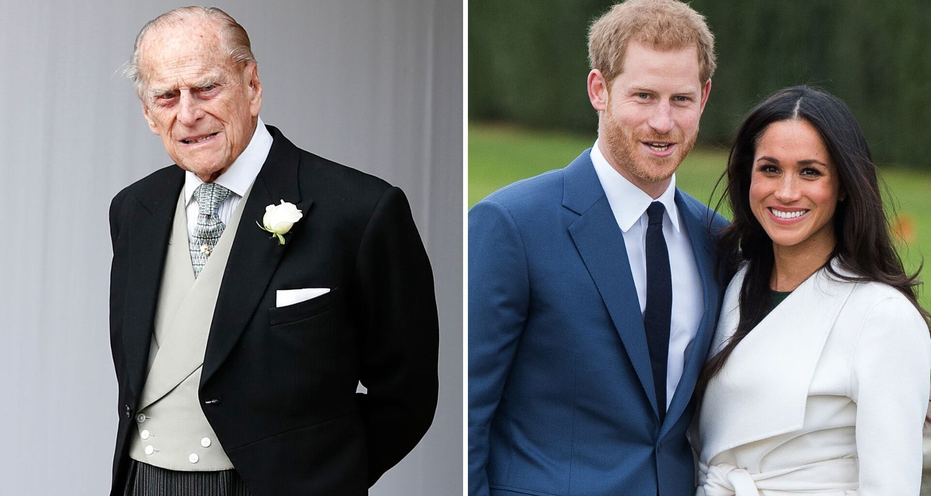A composite of a picture of Prince Philip and a picture of Prince Harry and Meghan