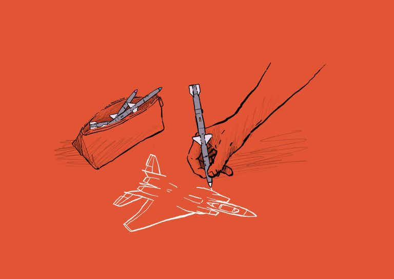 Illustration of a hand drawing a white fighter plane on an orange background.