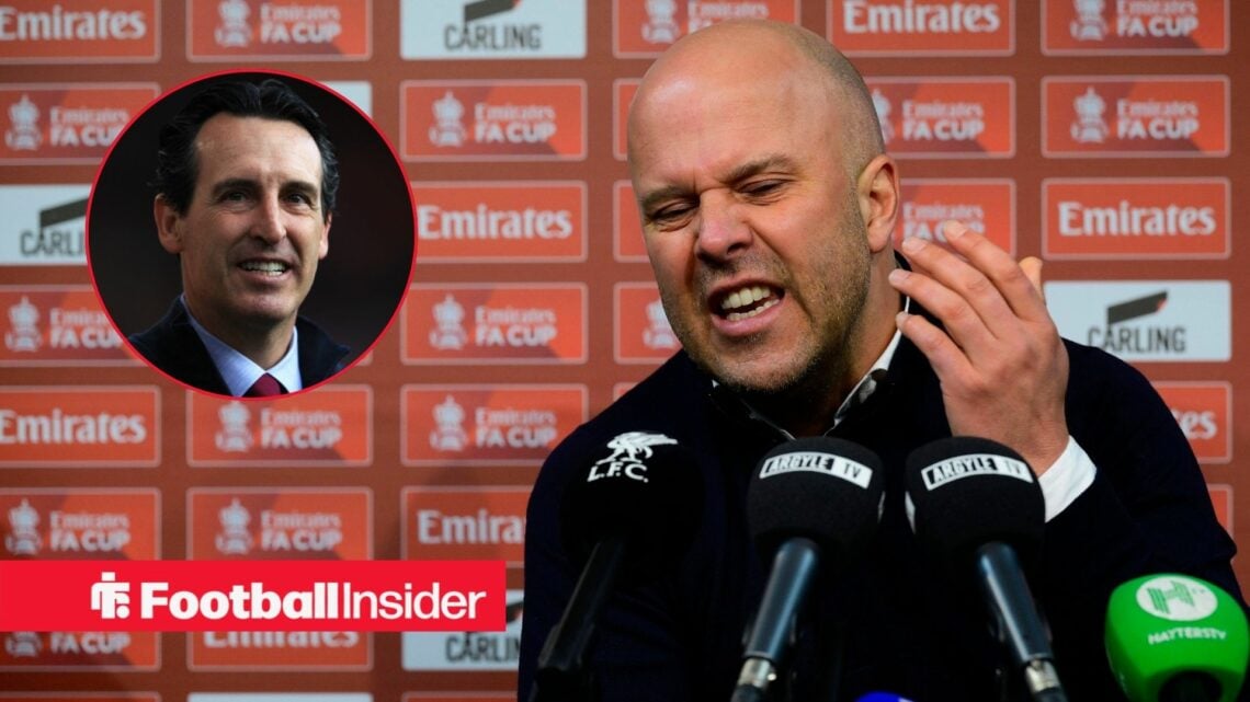 Arne Slot in a press conference, Unai Emery in a circular inset