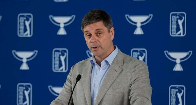 PGA Tour CEO Brian Rolapp speaks before a practice round of the Tour Championship golf tournament, Wednesday, Aug. 20, 2025, in Atlanta. (AP Photo/Mike Stewart)