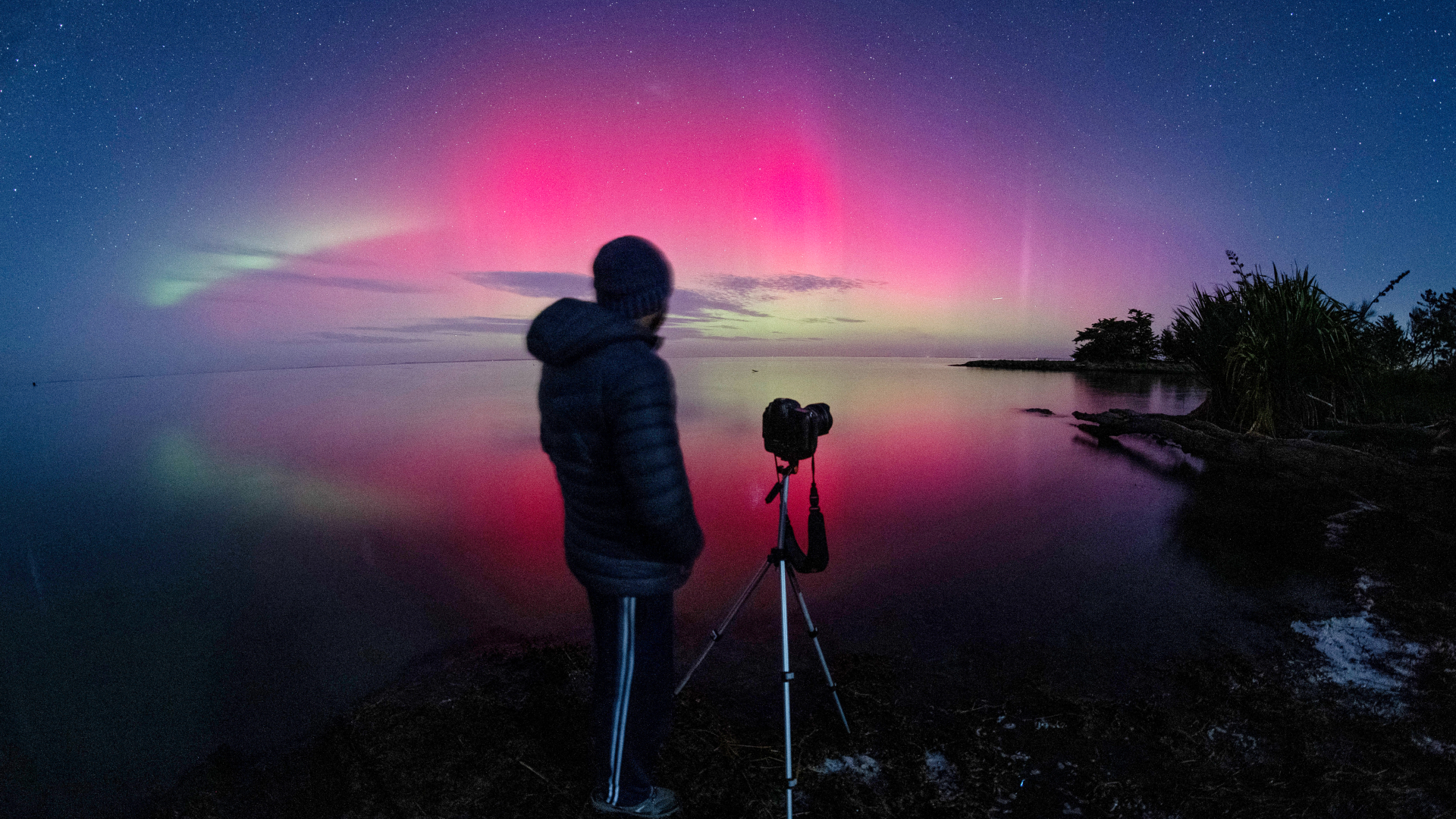 Bright auroras are pictured shining above a placid lake. A man stands, facing away and looking out over the lake next to a tripod-mounted camera.
