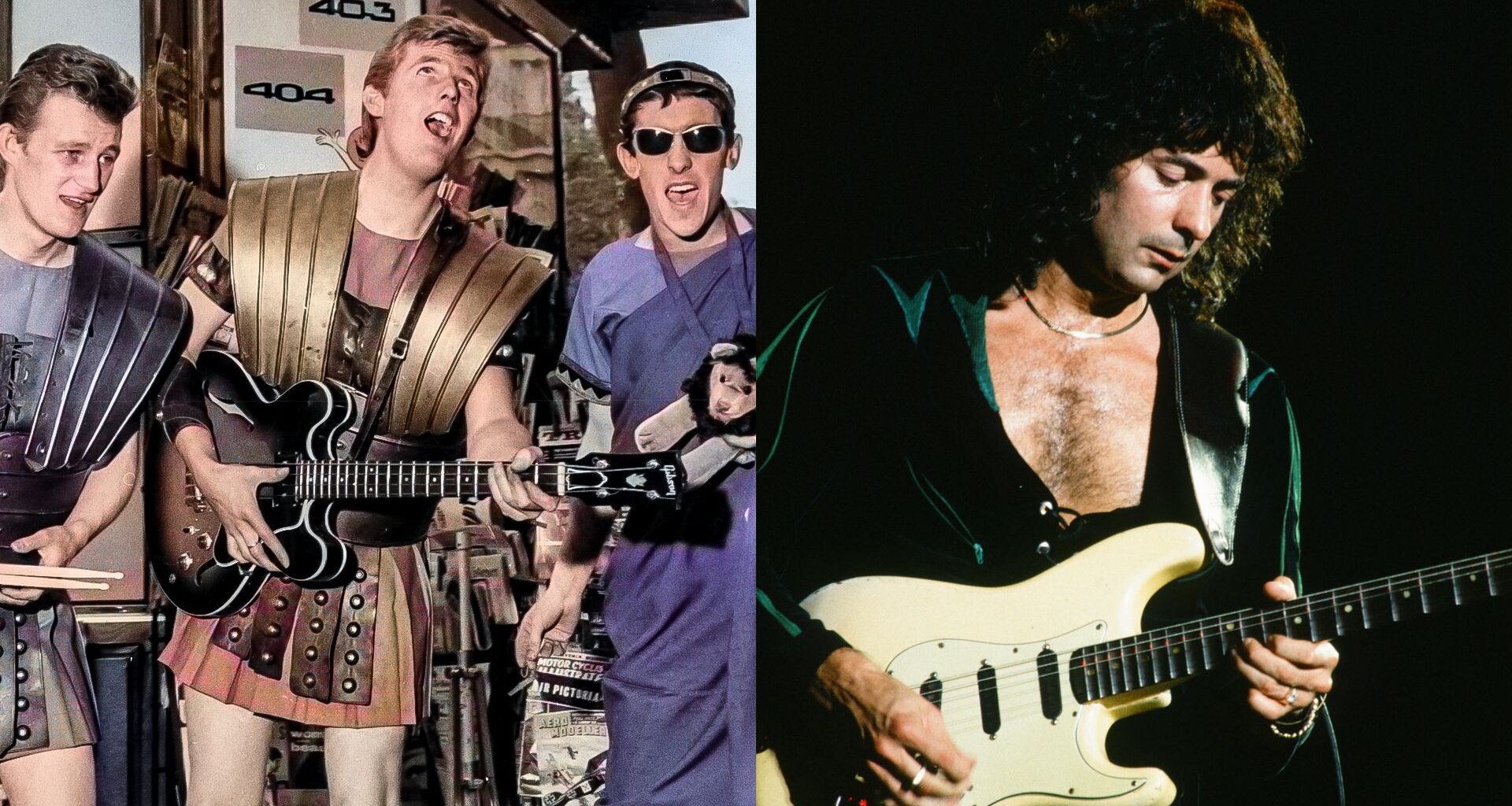 LEFT: British rock and roll band Nero And The Gladiators performing in a Paris street, 8th July 1961. They are in the city for a music hall production. RIGHT: Deep Purple Ritchie Blackmore live at Nippon Budokan, Tokyo, May 1985.