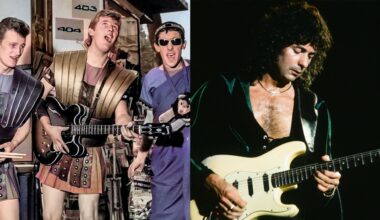 LEFT: British rock and roll band Nero And The Gladiators performing in a Paris street, 8th July 1961. They are in the city for a music hall production. RIGHT: Deep Purple Ritchie Blackmore live at Nippon Budokan, Tokyo, May 1985.
