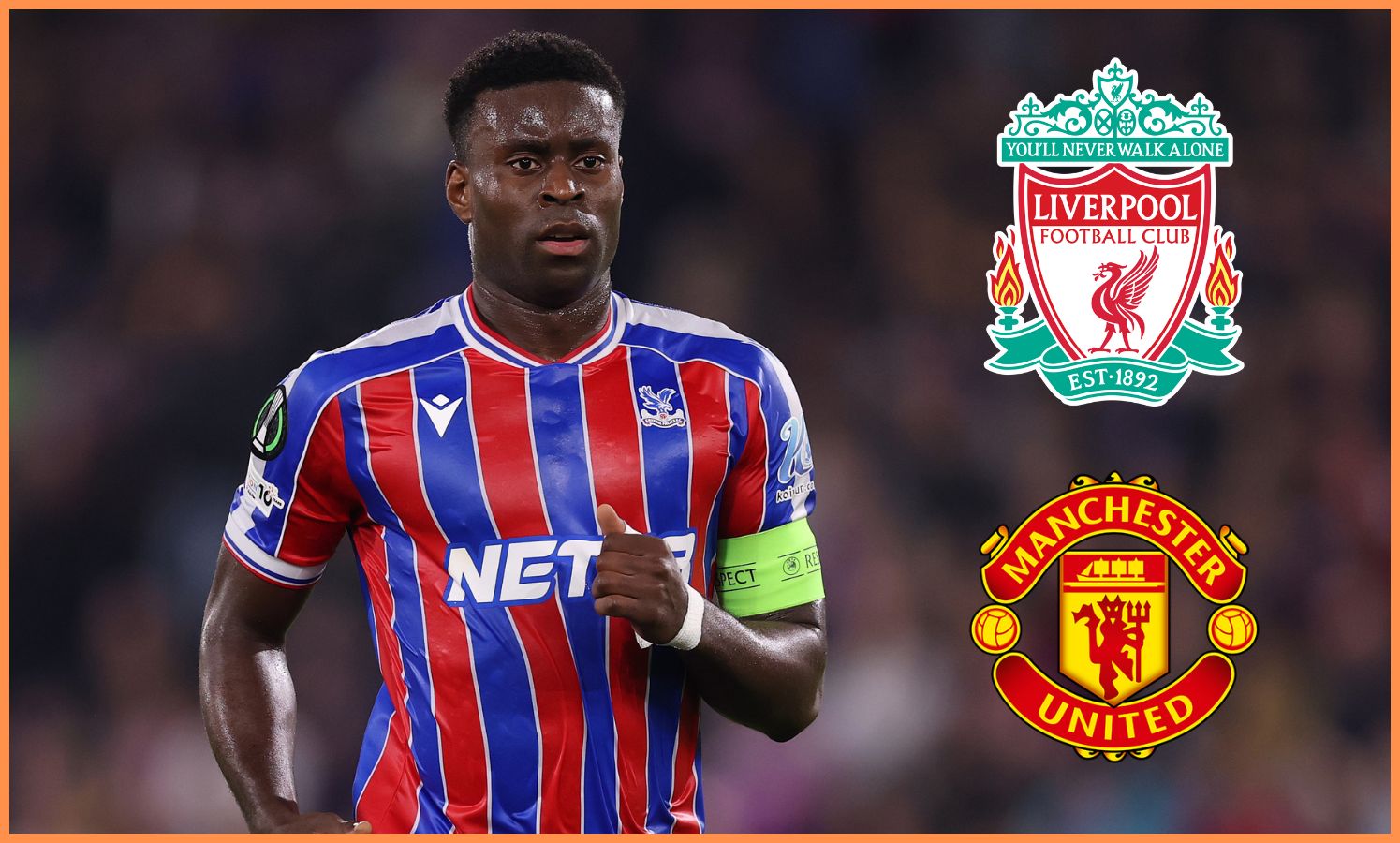 Marc Guehi alongside Liverpool and Manchester United club badges