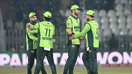 Pakistan's captain Shaheen Shah Afridi congratulates teammates at their victory at the end of the 1st ODI against Sri Lanka(AFP)