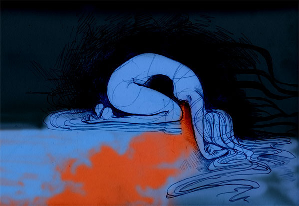 Artistic depiction of ME symptoms by a woman who has the disease, showing a woman slumped over with exhaustion in a river of blue and orange