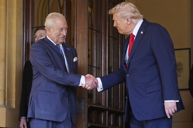 WINDSOR, ENGLAND - SEPTEMBER 18: U.S. President Donald Trump bids farewell to King Charles III at Windsor Castle during the State visit by the President of the United States of America on September 18, 2025 in Windsor, England. Trump next travels to Chequers for a meeting with the prime minister. This is the final day of President Trump's second UK state visit, with the previous one taking place in 2019 during his first presidential term. (Photo by Anna Moneymaker/Getty Images)