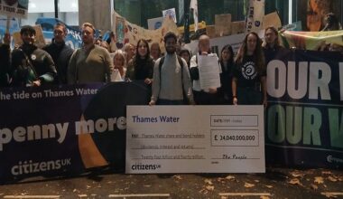 Protesters from London Citizens gathered outside DEFRA to protest against Thames Water. Photo Taken by Jonny Singh