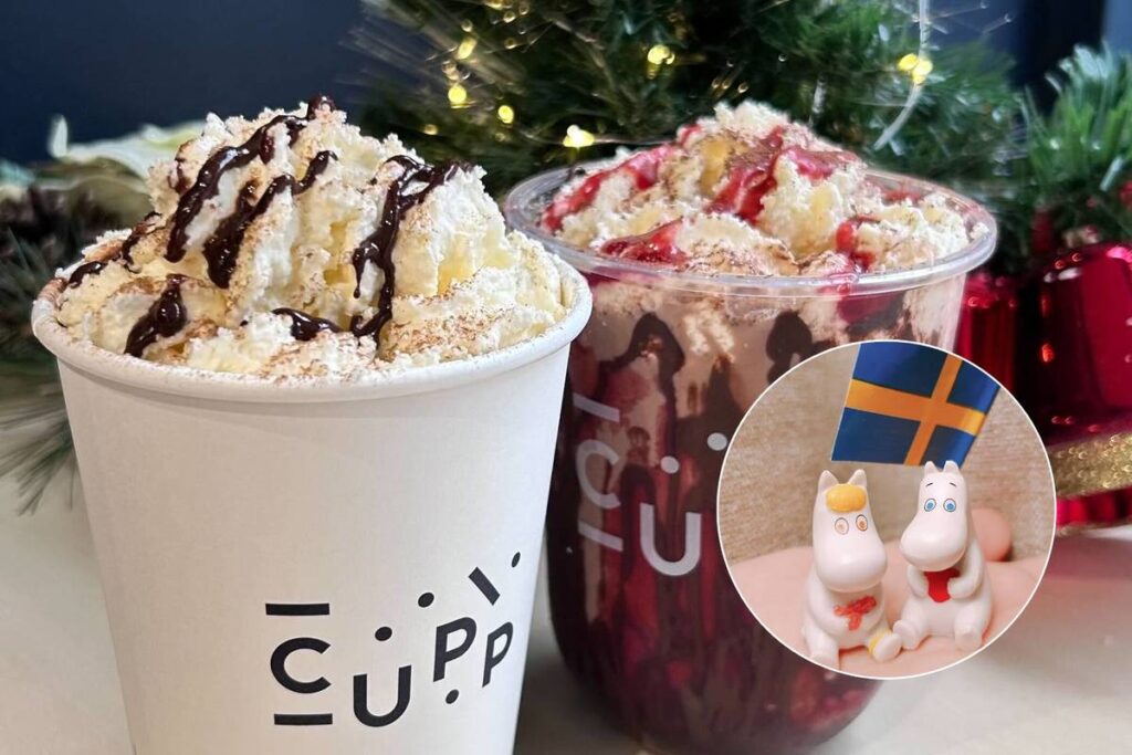 cupp boba tea and hot drinks next to moomin characters