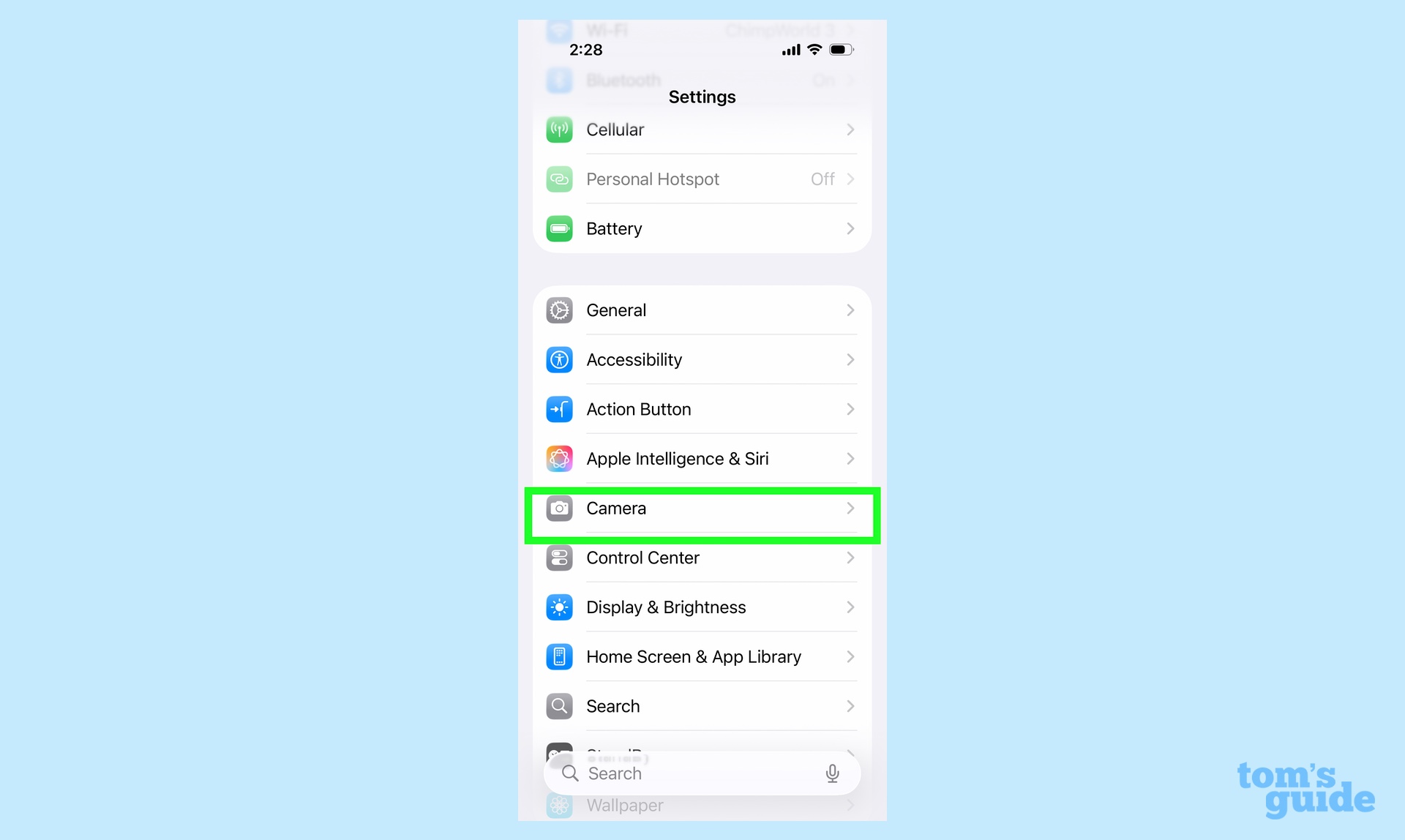 Camera settings in the Settings app