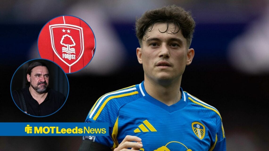 Leeds United star Dan James, Daniel Farke and Nottingham Forest badge in inset.