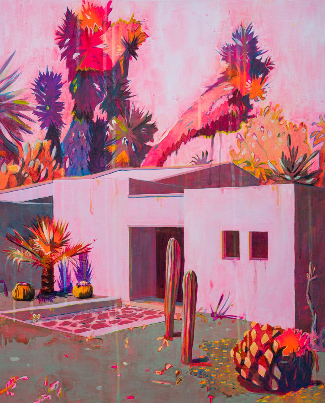 a house with desert plants in a wash of pink by Daniel Freaker