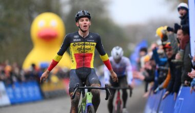 Belgian Thibau Nys celebrates as he crosses the finish line to win the men elite race of the &#039;Flandriencross&#039; cyclocross cycling event, stage 3/8 in the &#039;X20 Badkamers Trofee&#039; competition, Sunday 16 November 2025 in Hamme.BELGA PHOTO DAVID PINTENS (Photo by DAVID PINTENS / BELGA MAG / Belga via AFP)