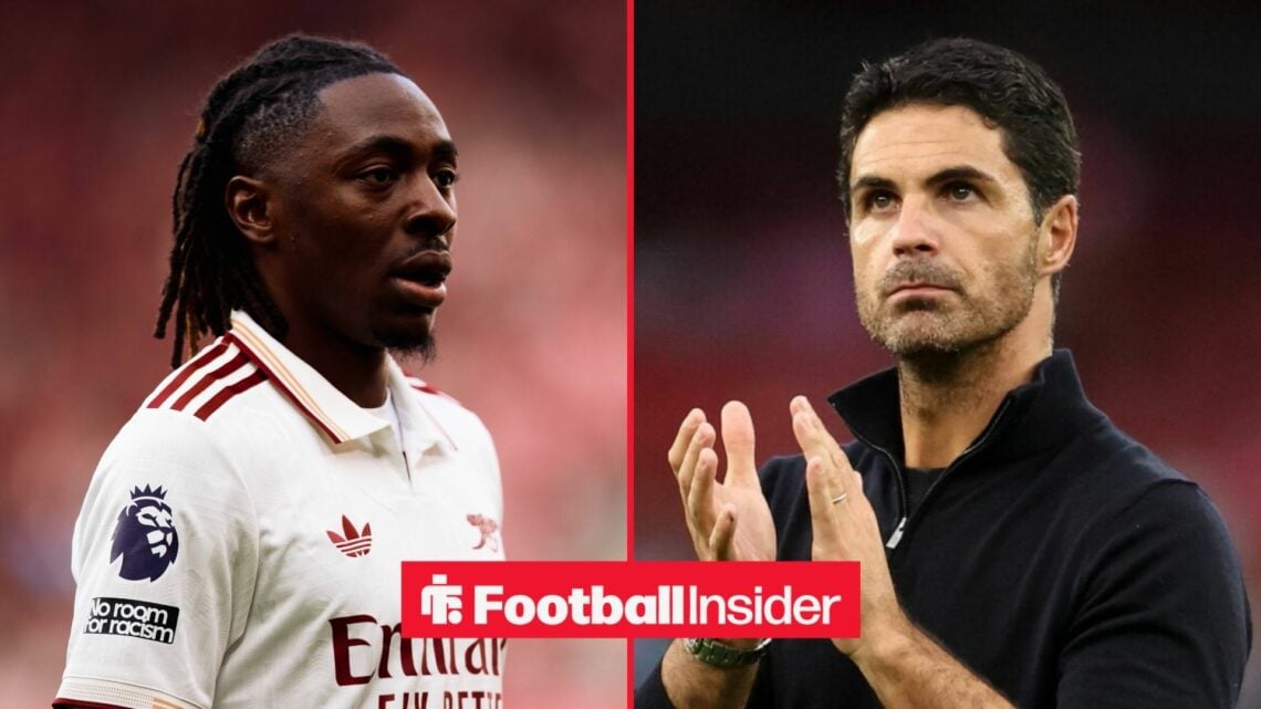 Eberechi Eze in action for Arsenal, with Mikel Arteta applauding