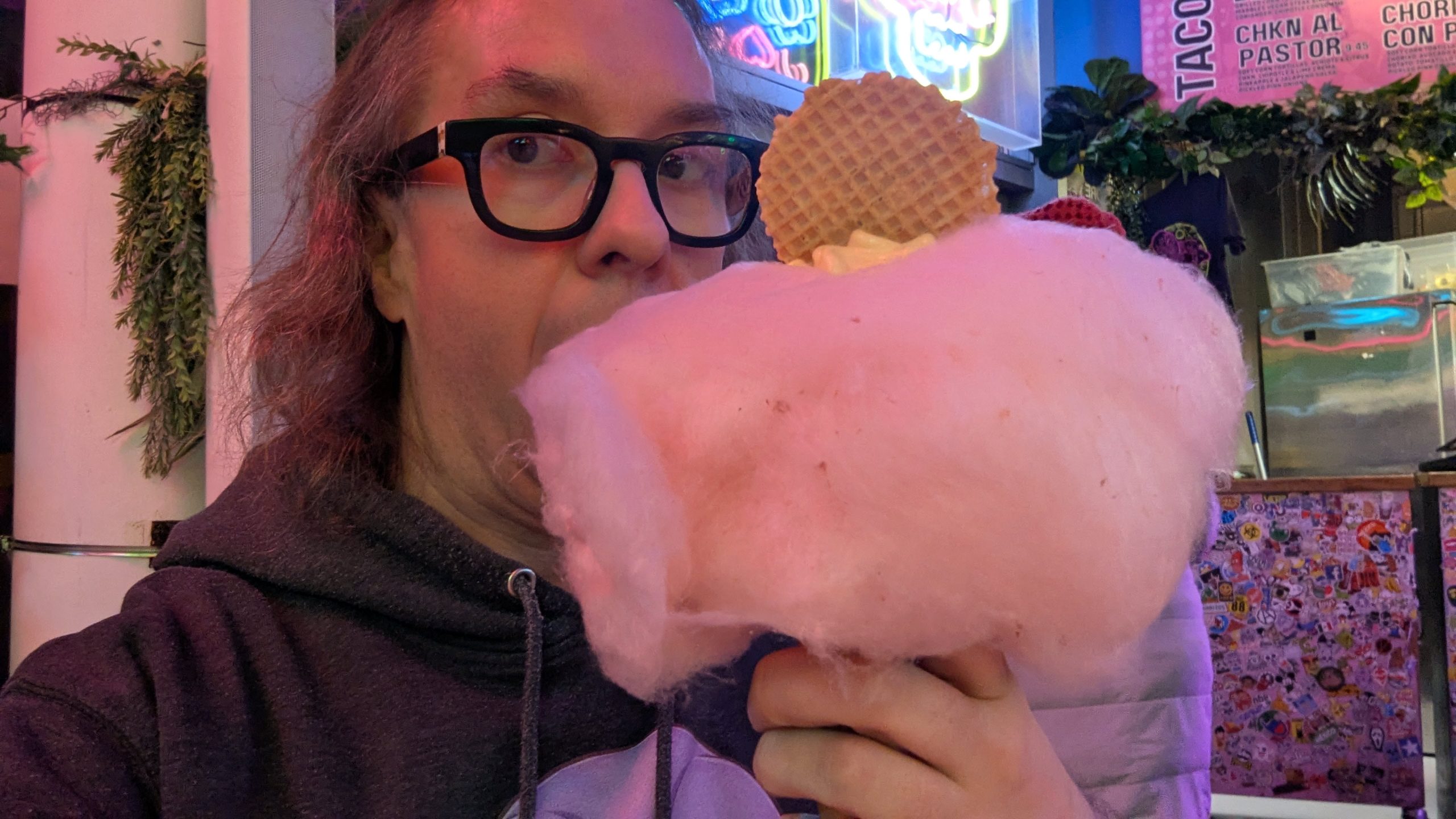 Girdy eats cotton candy and ice cream