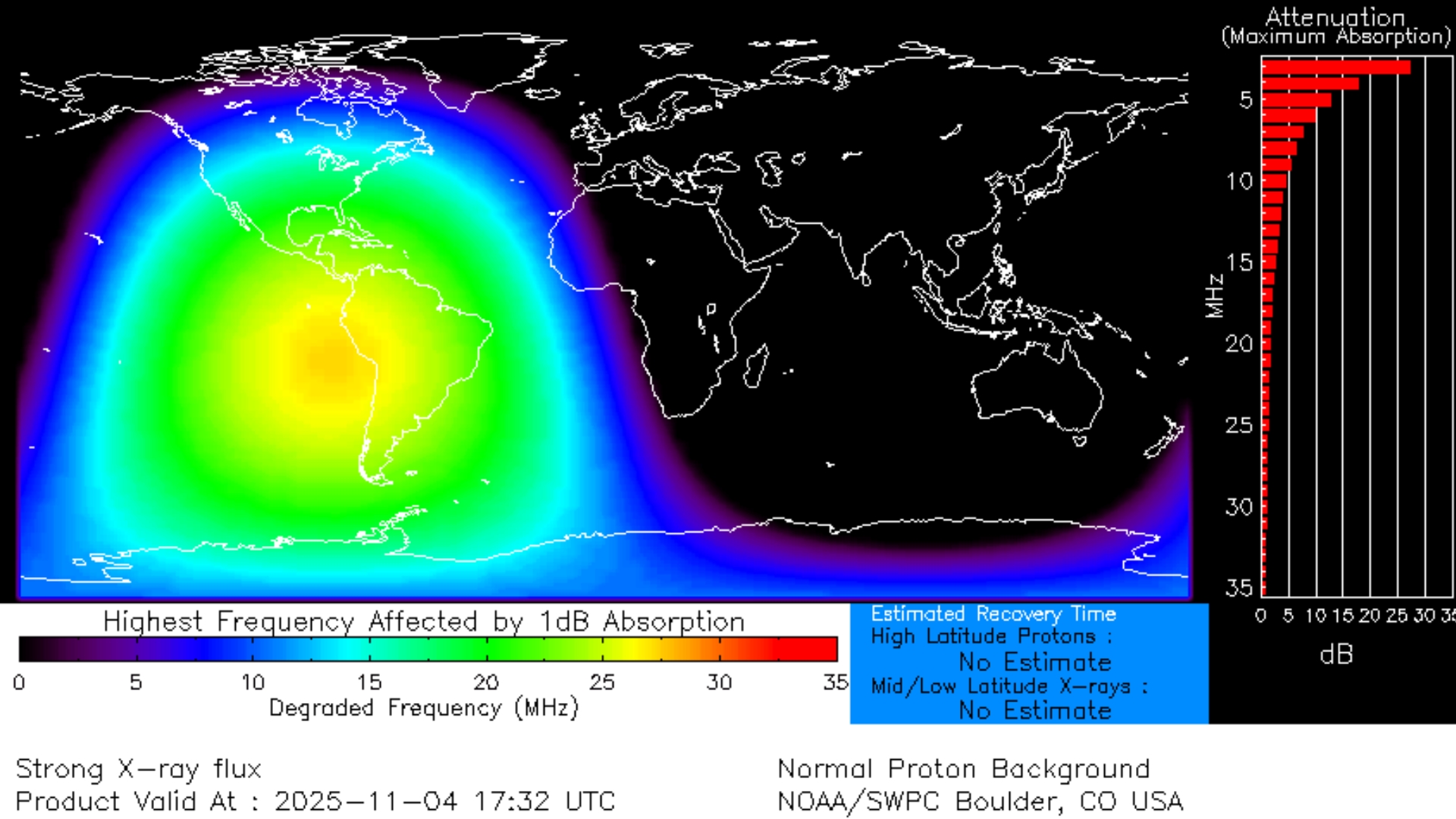 Map showing radio blackouts across the Americas. The blackouts were triggered by the X1.8 solar flare on Nov. 4, 2025.