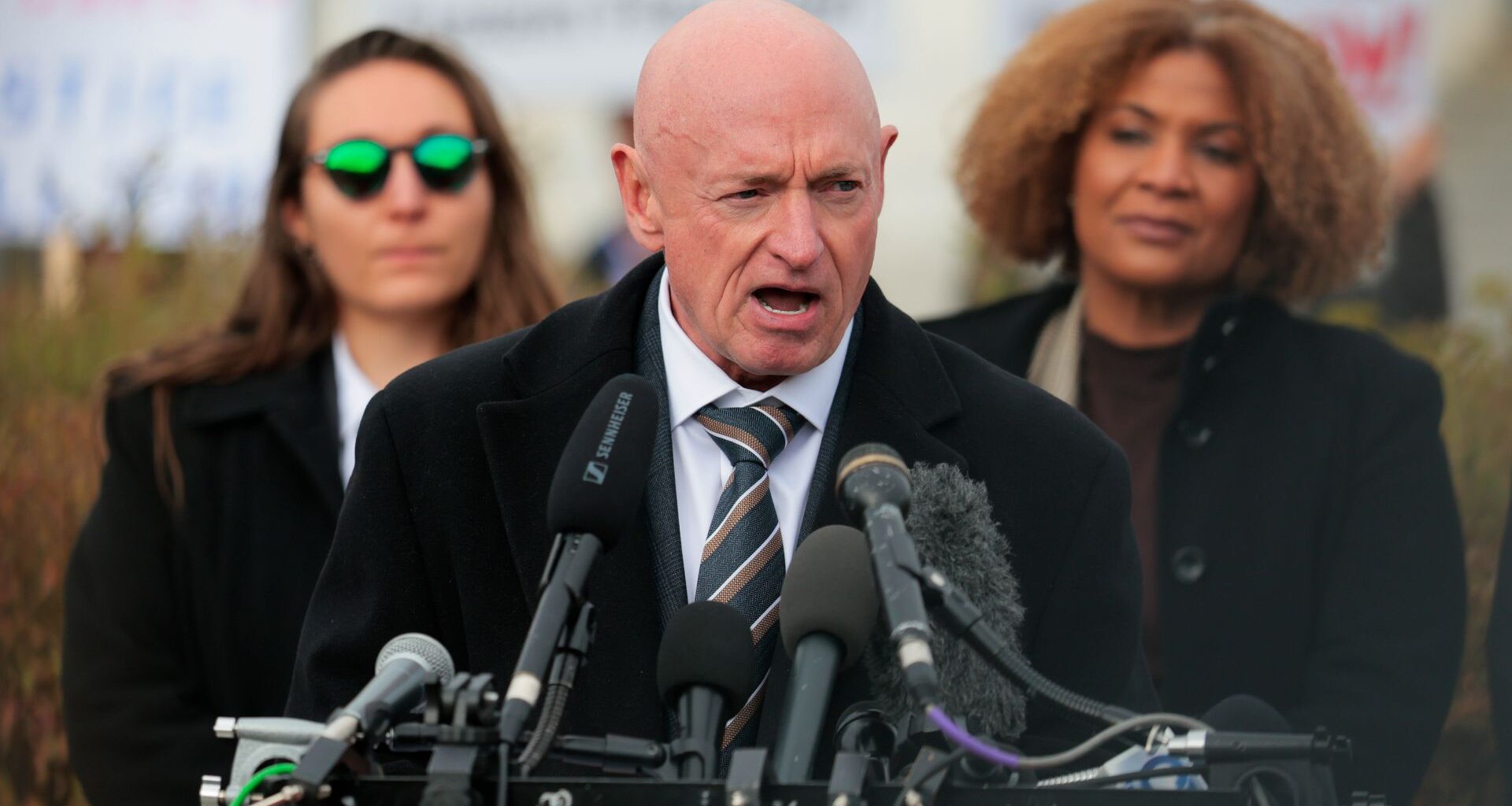 U.S. Sen. Mark Kelly (D-Ariz.) speaks during a news conference on the “Epstein Files&quot; outside the U.S. Capitol on Nov. 18, 2025 in Washington, D.C.
