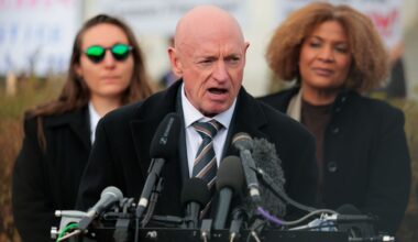 U.S. Sen. Mark Kelly (D-Ariz.) speaks during a news conference on the “Epstein Files&quot; outside the U.S. Capitol on Nov. 18, 2025 in Washington, D.C.