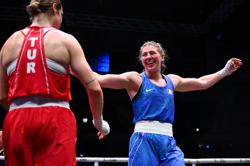 Aoife O'Rourke celebrates her win against Turkey's Busra Isildar at the World Boxing Championships final Liverpool in September. Photograph: Ben Roberts Photo/Getty Images