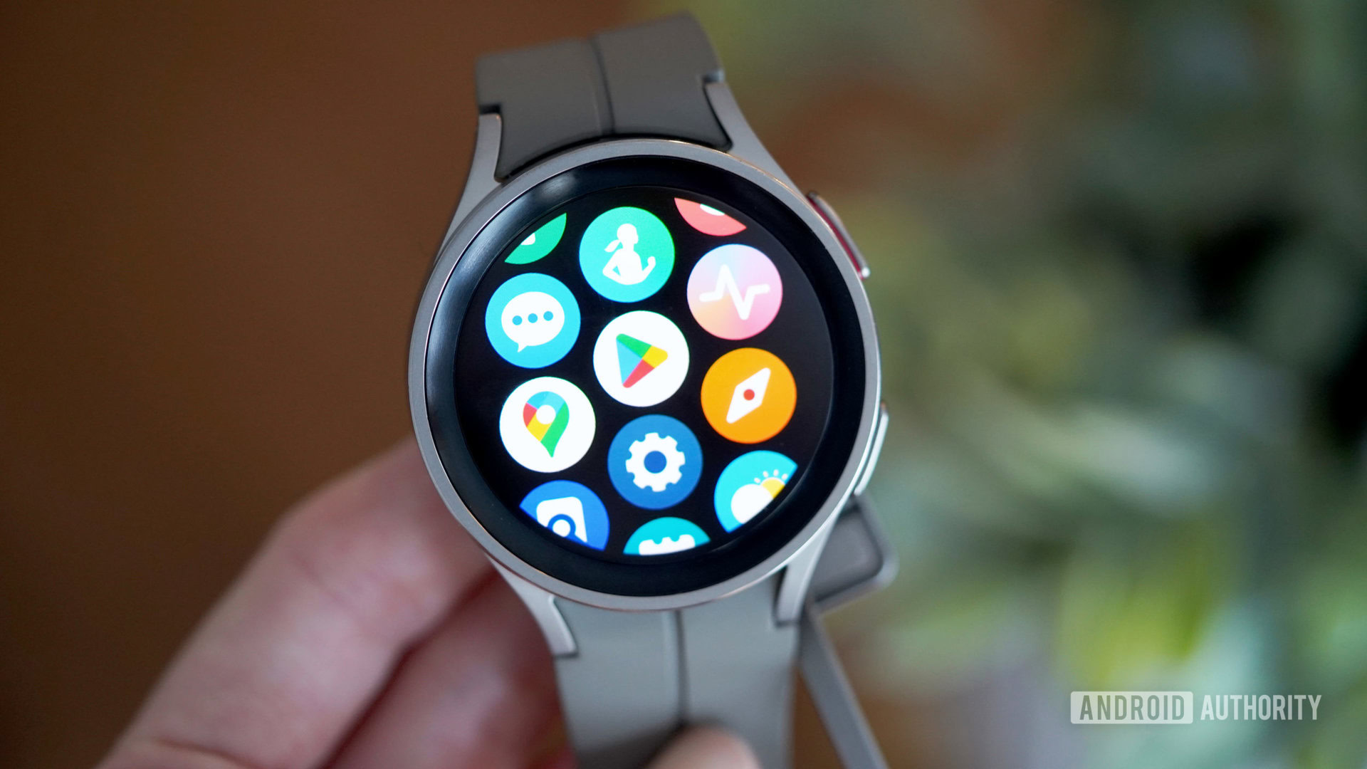 Galaxy Watch 5 Pro Wear OS A Samsung Galaxy Watch 5 Pro displays its app gallery.