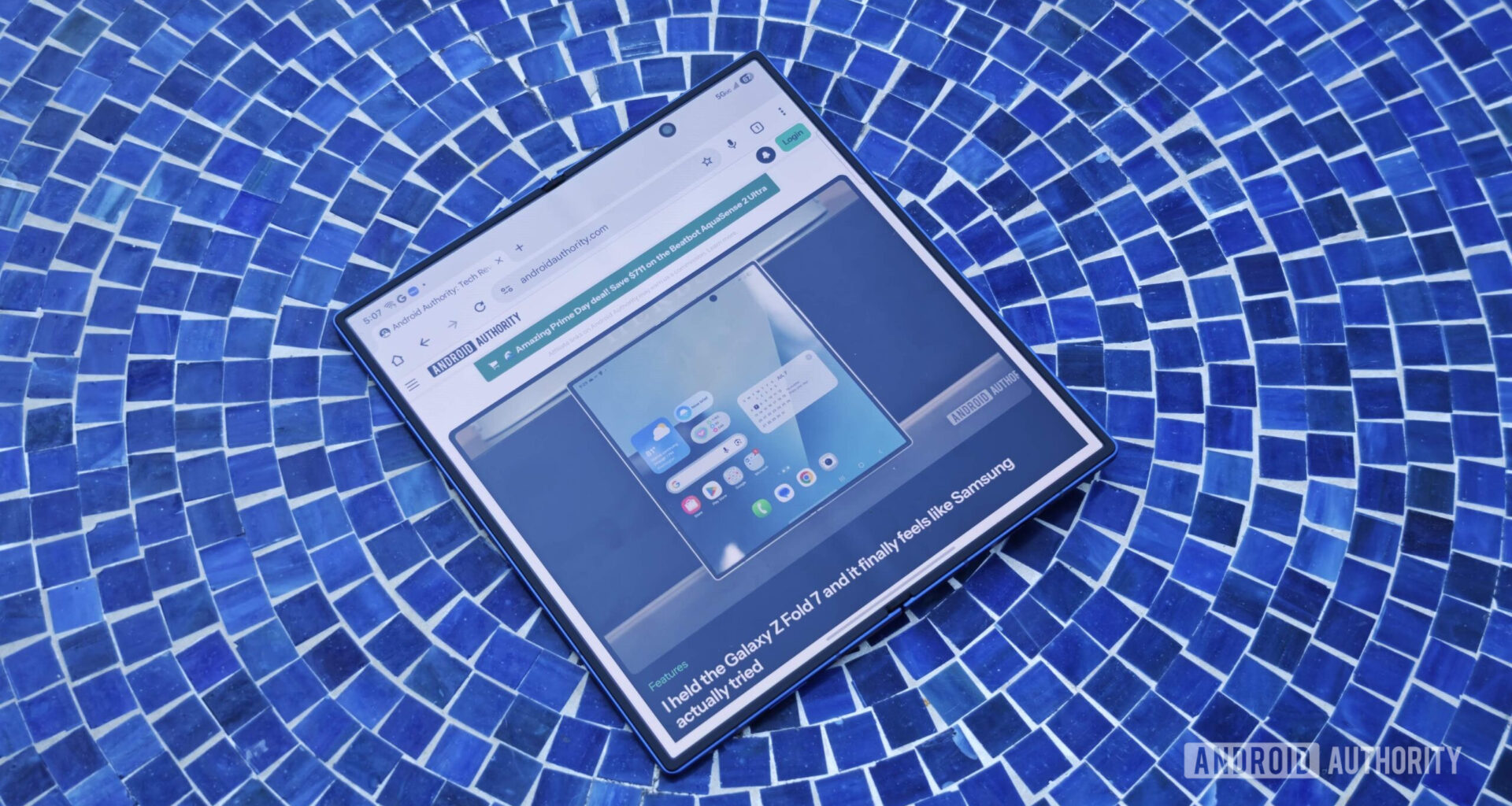 Galaxy Z Fold 7 unfolded laying down on table close hero image