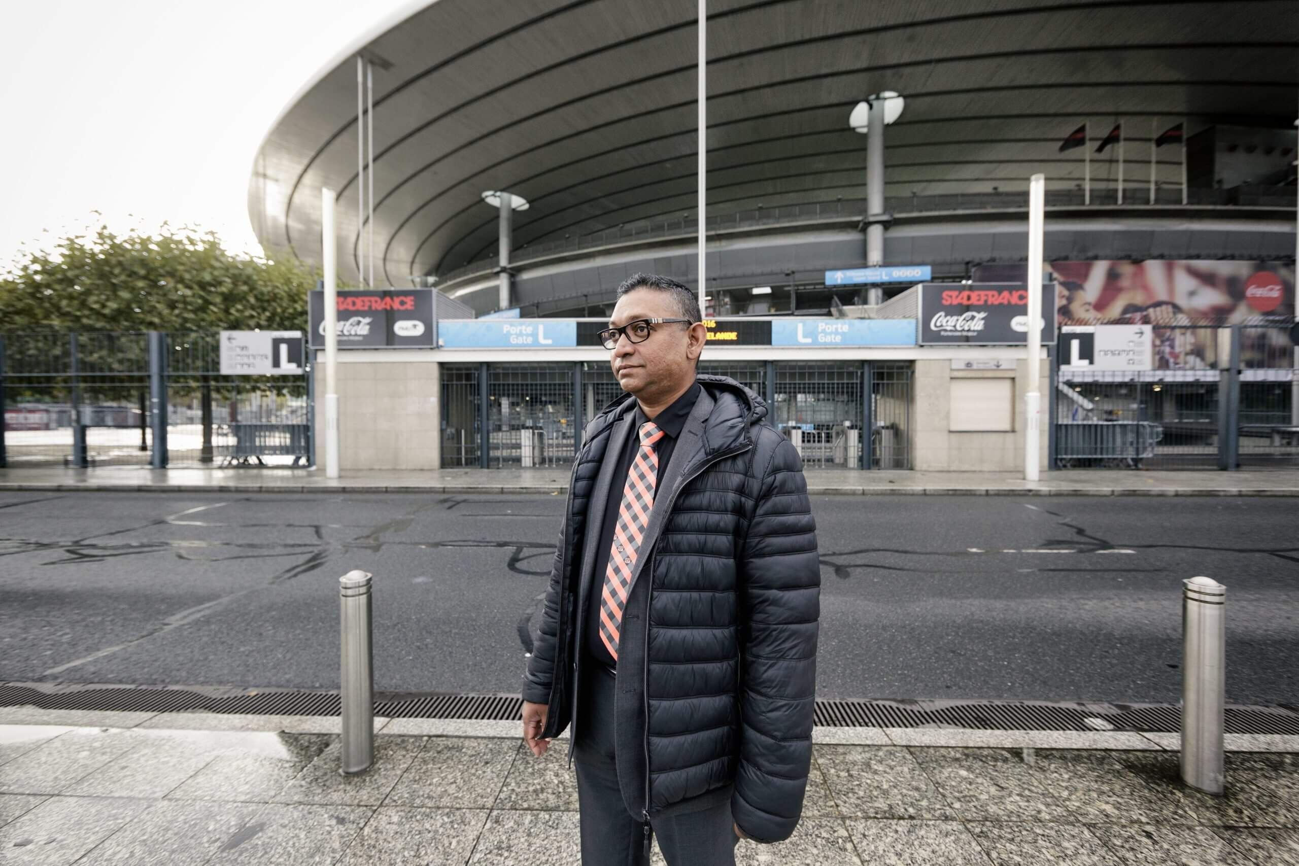 Salim Toorabally, pictured in 2016 outside the Stade de France where he hindered a terrorist from entering the stadium during the attacks