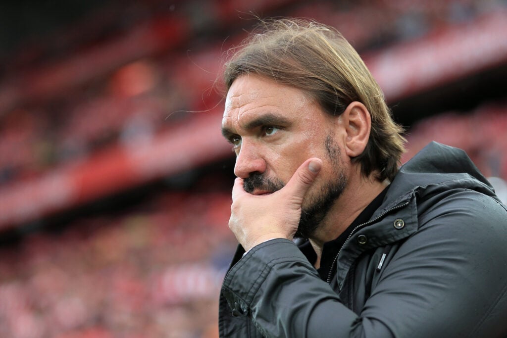 Daniel Farke looking dejected during a Premier League clash between Liverpool and Norwich