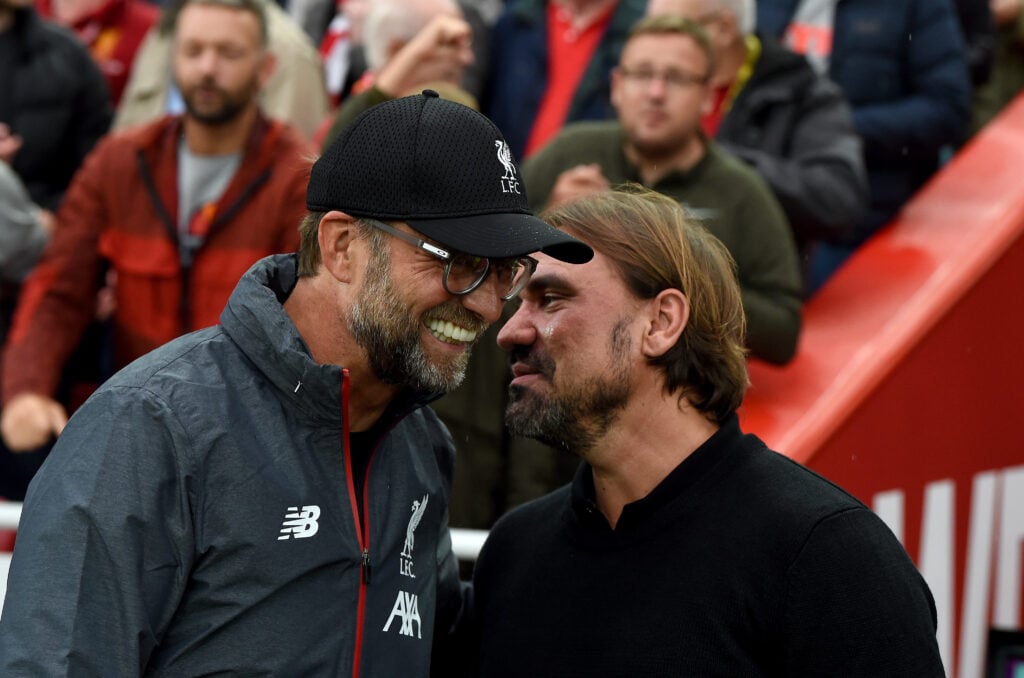Jurgen Klopp and Daniel Farke in conversation at Anfield