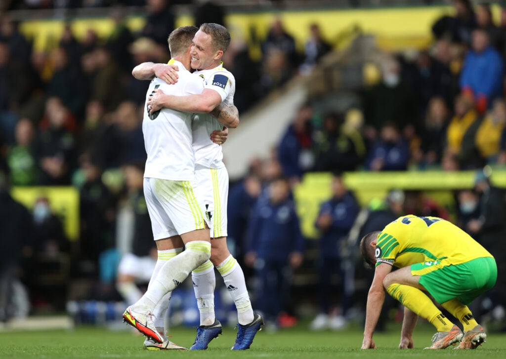 Liam Cooper hugs Adam Forshaw