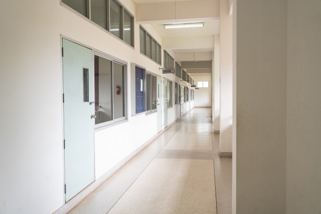 School hallway corridor in College or university empty hall at classroom, no people student while closed, Educational spaces