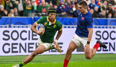 South Africa's Kurt-Lee Arendse evades France's Thomas Ramos to score the Springboks first try in the 2023 World Cup quarter-final.