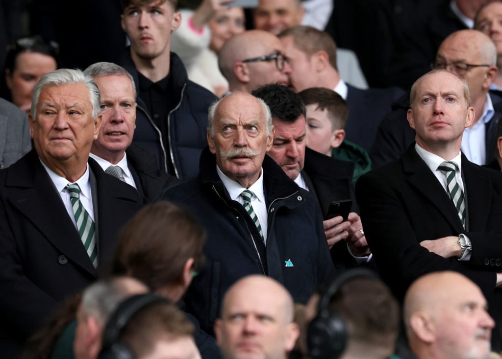 Peter Lawwell, Chairman of Celtic, Dermot Desmond, Non-Executive Director of Celtic, and Michael Nicholson, CEO of Celtic, are seen in attendance prior to the William Hill Premiership match between Celtic FC and Rangers FC