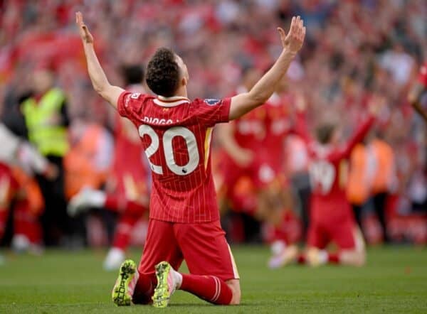 Diogo Jota of Liverpool after being named Champions of the Premier League at the end of the Premier League match between Liverpool FC and Tottenham Hotspur FC at Anfield on April 27, 2025 in Liverpool, England. (Photo by Andrew Powell/Liverpool FC via Getty Images)