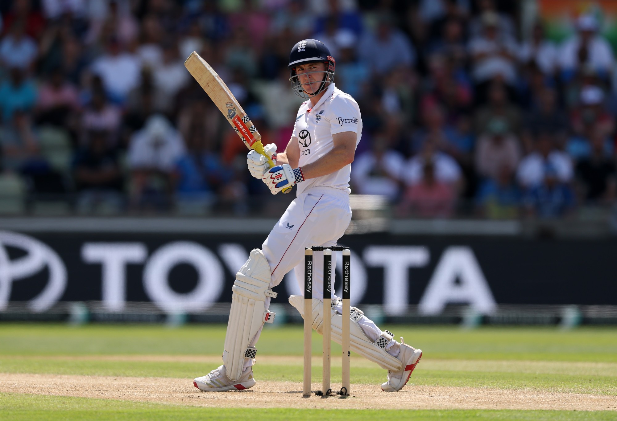 BIRMINGHAM, ENGLAND - JULY 04: Harry Brook of England bats during Day Three of the 2nd Rothesay Test Match at Edgbaston on July 04, 2025 in Birmingham, England. (Photo by Alex Davidson/Getty Images)