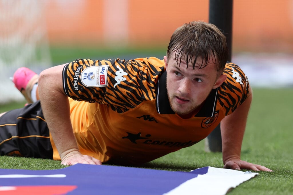 Joe Gelhardt in action for Hull City during a Championship clash against Oxford