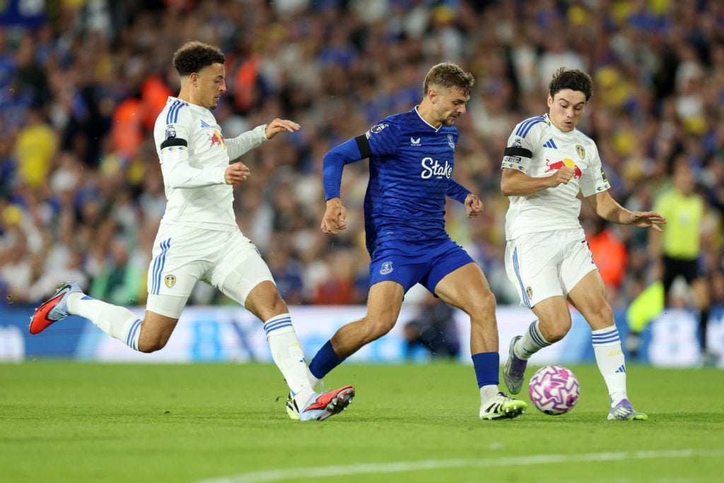 Leeds captain Ethan Ampadu and Everton's Kiernan Dewsbury-Hall do battle.
