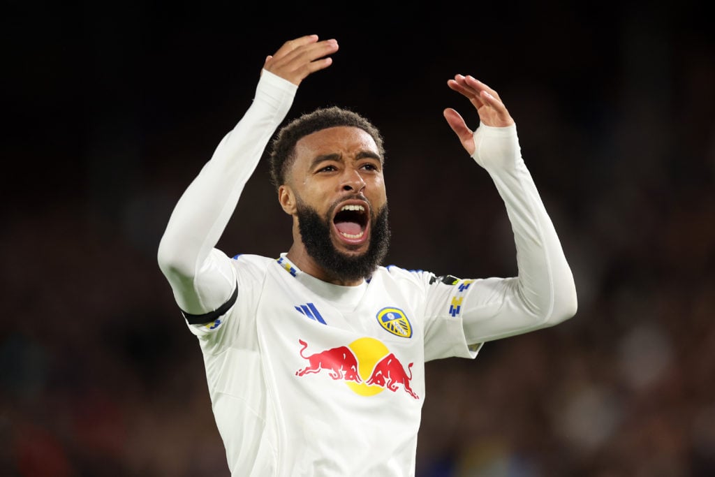 Jayden Bogle in action for Leeds against Everton.