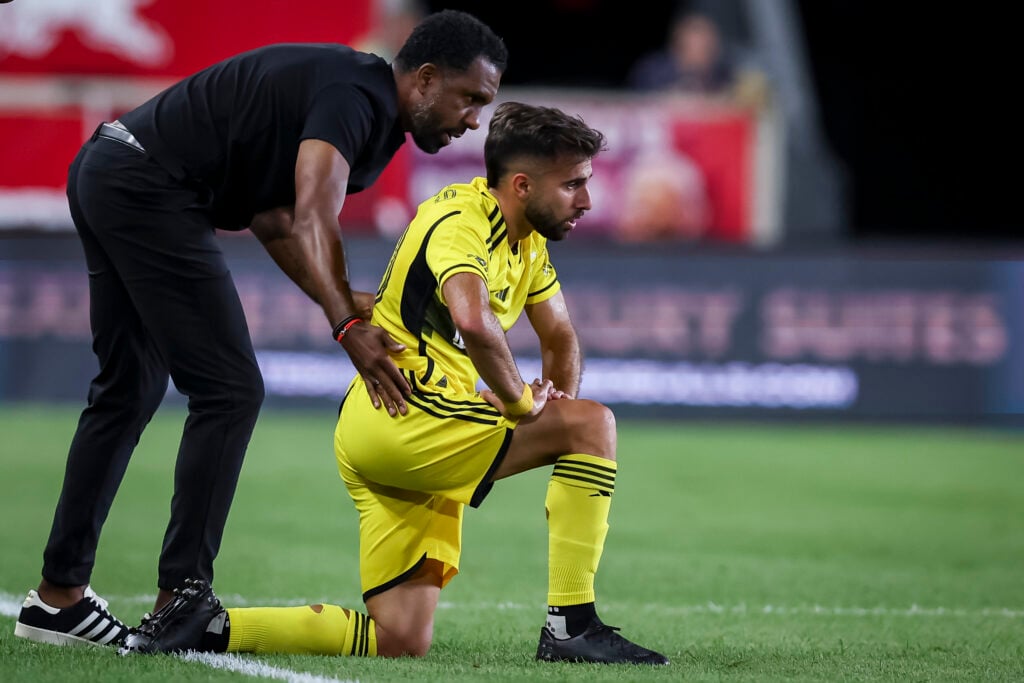 Wilfried Nancy and Diego Rossi in conversation during Columbus Crew vs New York Red Bulls