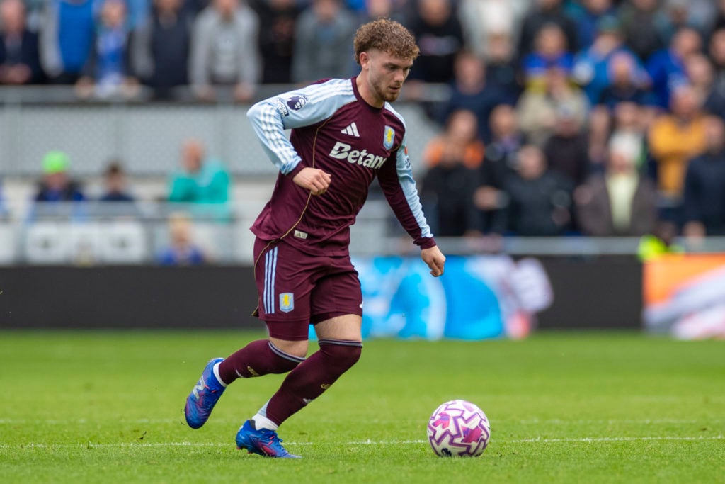 Harvey Elliott on the ball for Aston Villa in their Premier League match against Everton at the Hill Dickinson Stadium.