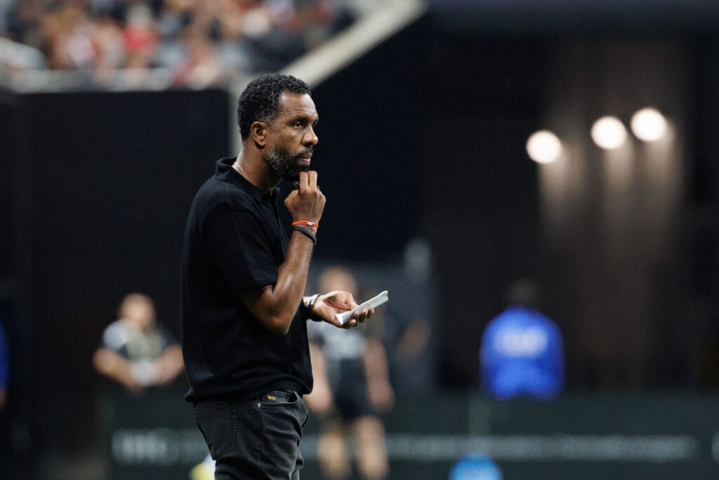 Wilfried Nancy watches on during Atlanta United v Columbus Crew