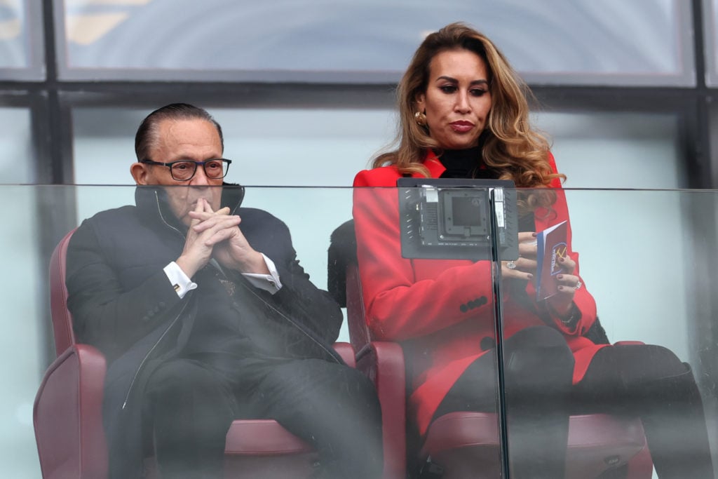 West Ham chief David Sullivan and his fiancée Ampika Pickston, star of The Real Housewives of Cheshire, watch on from the London Stadium director's box