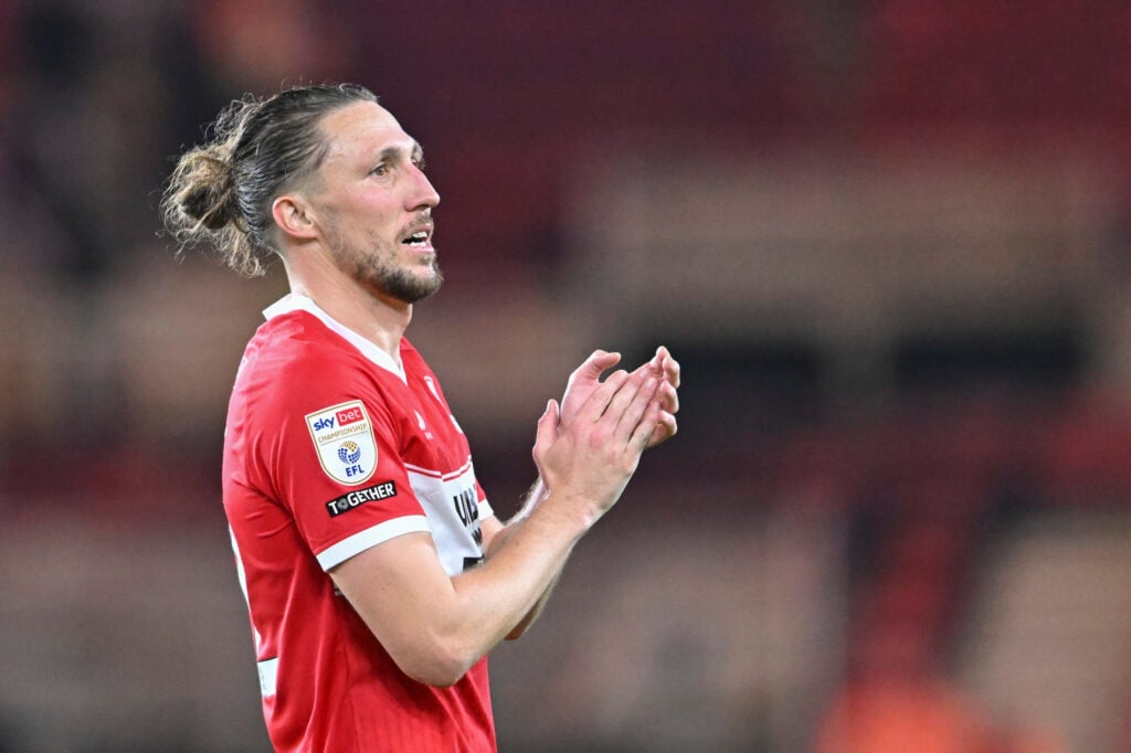 Luke Ayling applauds the Middlrsbrough support.