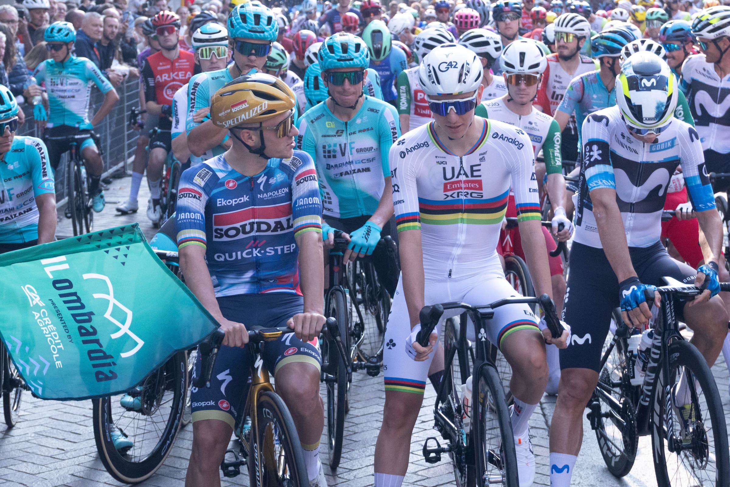 Tadej Pogacar and Remco Evenepoel participate in Il Lombardia 2025 during the 119th Il Lombardia 2025 a 241km one day race from Como to Bergamo on October 11, 2025 in Bergamo, Italy. (Photo by Tommaso Berardi/NurPhoto)
